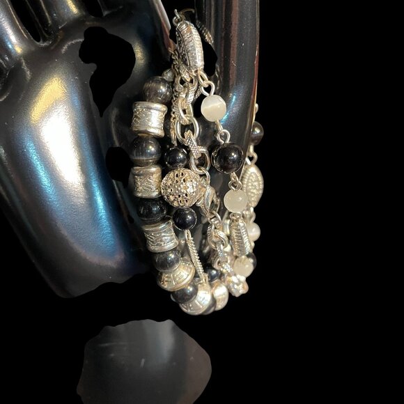 Covington Silver Black Beaded Bracelet Set Multi Strand Boho Chic Layered Look - Picture 6 of 7